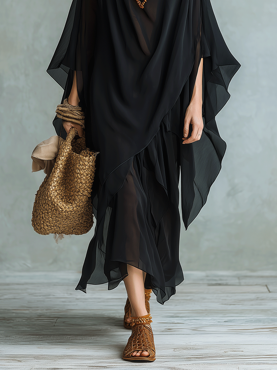 Exquisitely Elegant Black Bohemian-Style Maxi Dress And Shawl Set