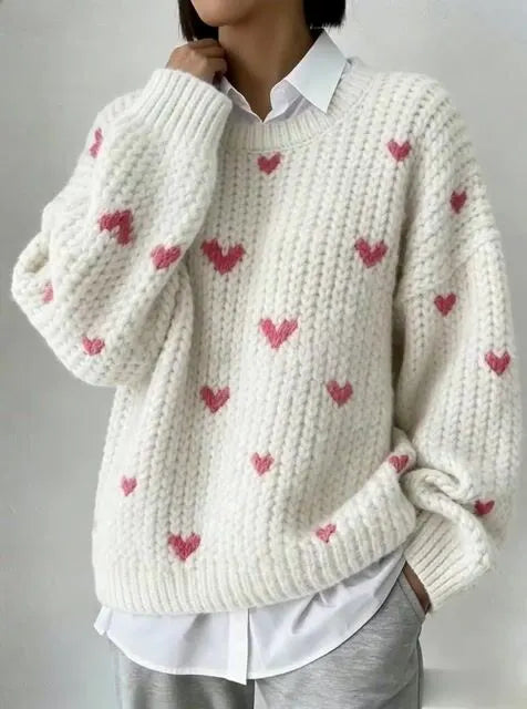 Women'S Casual Loose-Fitting Round-Neck Sweater With A Heart Design