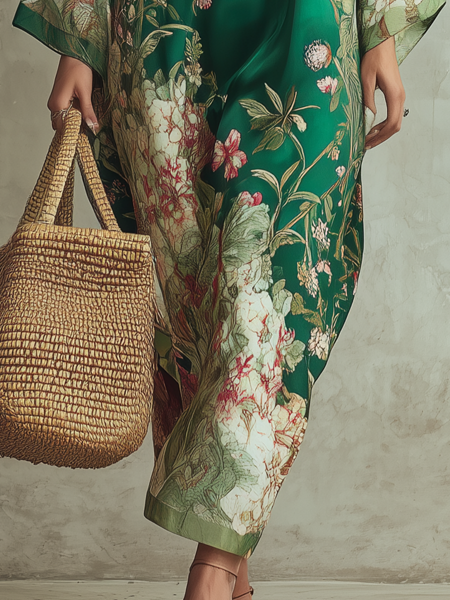 Luxurious Floral-Print  Kaftan Maxi Dress