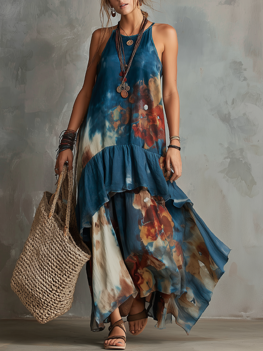 Boho Tie-Dye Halter Ruffled Asymmetrical Maxi Dress