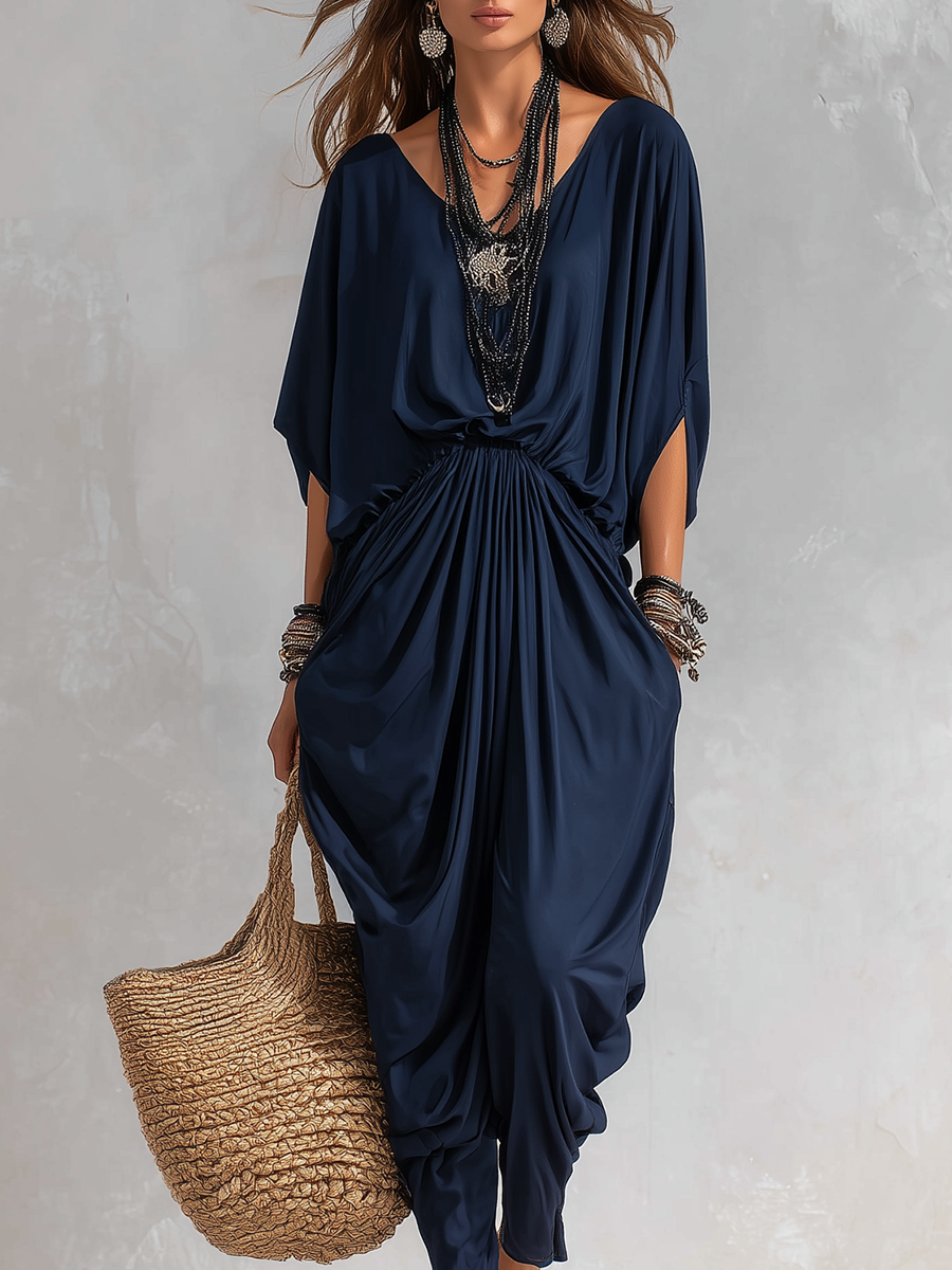 Midnight Blue Draped Bohemian Dress