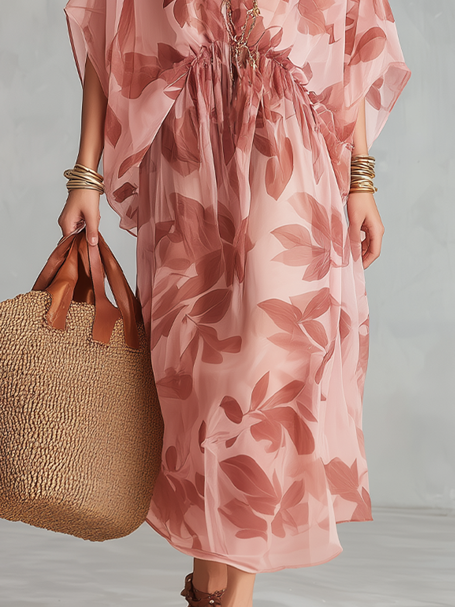 Airy Leaf-Print V-Neck Drawstring Chiffon Midi Dress