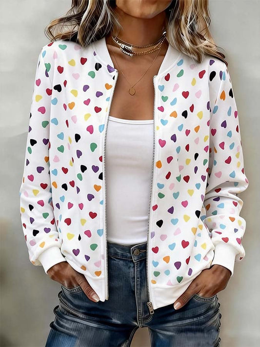 Women'S Casual Color-Block Jacket With Heart Print