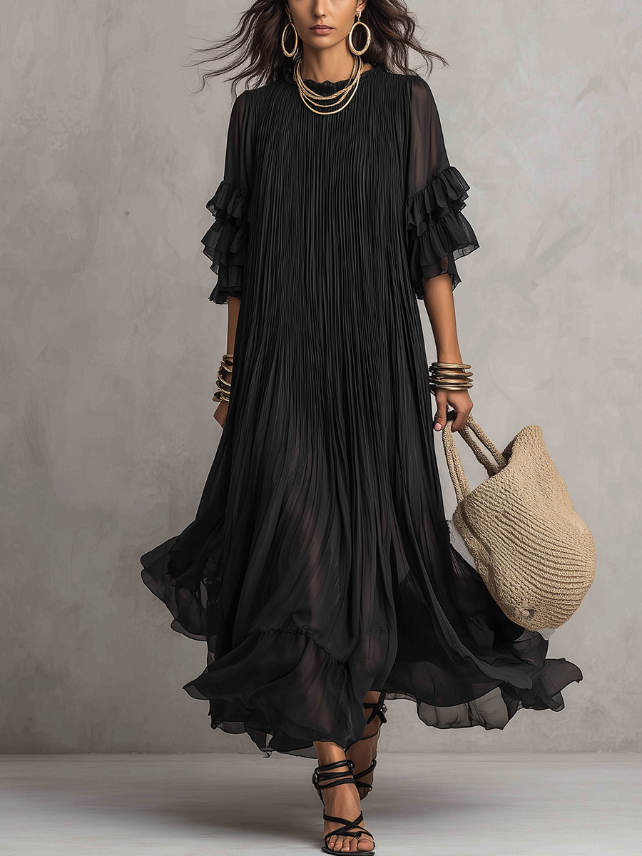Elegant Pleated Sheer Bohemian Maxi Dress