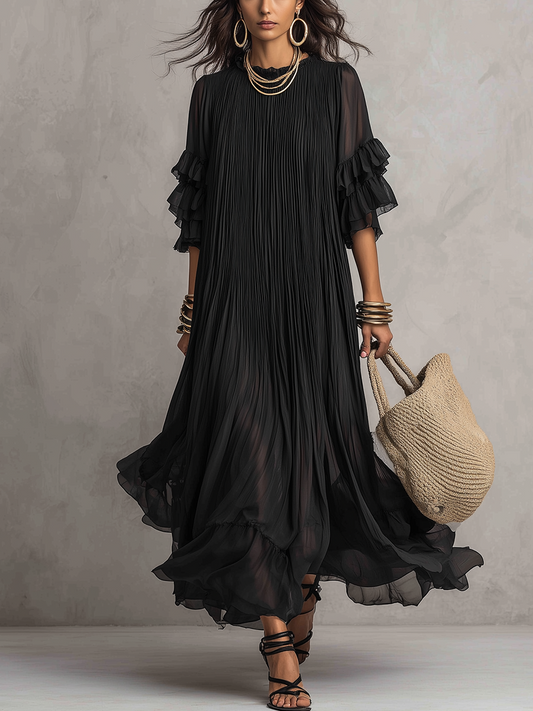 Elegant Pleated Sheer Bohemian Maxi Dress