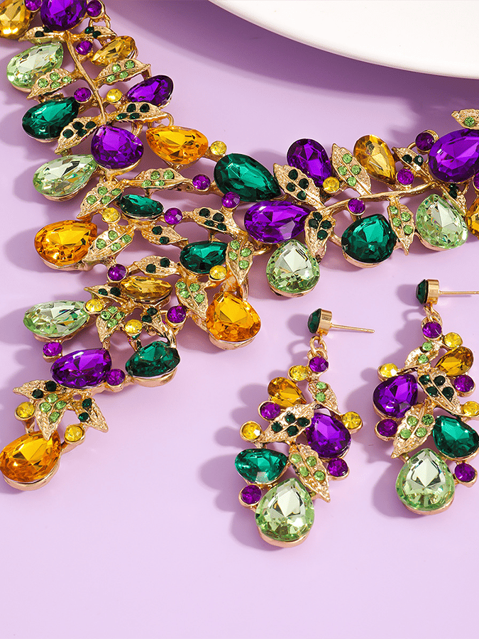 Mardi Gras Carnival Necklace And Earrings Set With Three-Color Rhinestones, Party Jewelry Set.