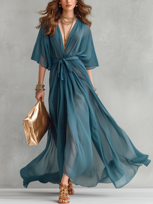 Ethereal Teal V-Neck Tie-Waist Chiffon Maxi Dress