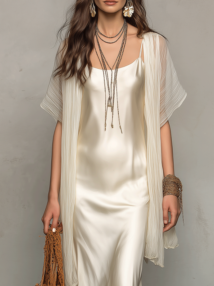 Elegant Satin Slip Midi Dress With Sheer Chiffon Cover-Up