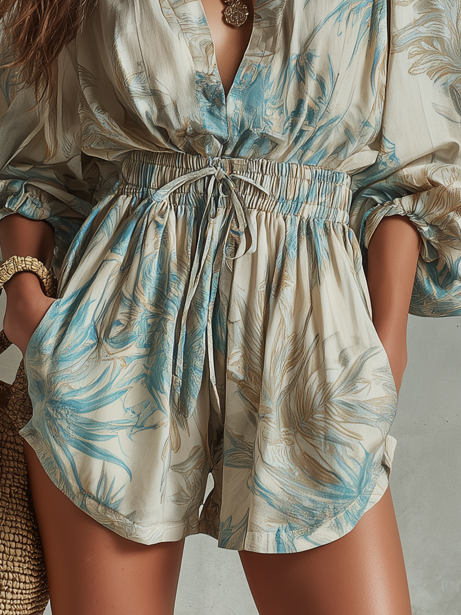 Tropical Leaf Print Puff-Sleeve Top & Drawstring Short Set