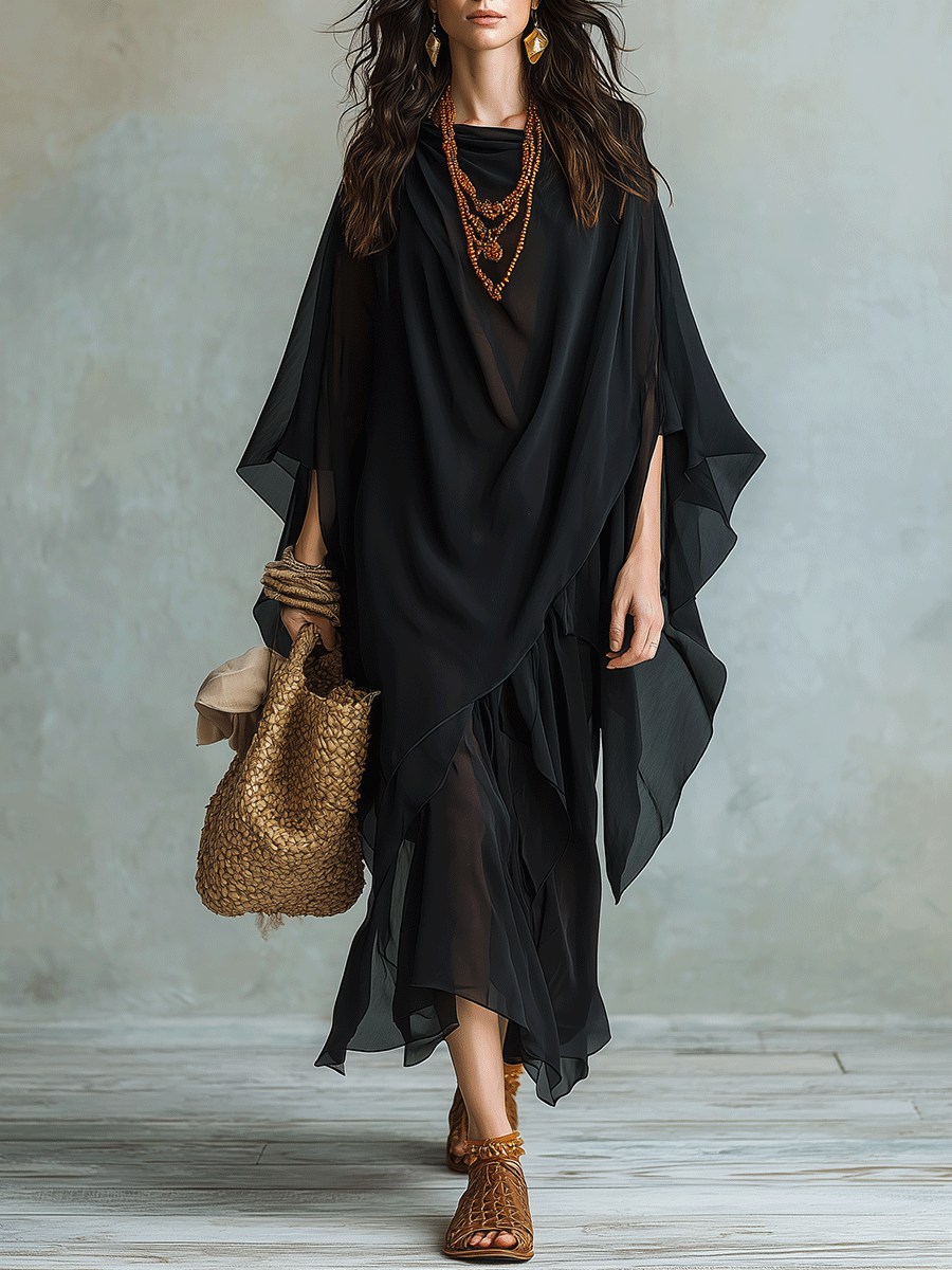 Exquisitely Elegant Black Bohemian-Style Maxi Dress And Shawl Set