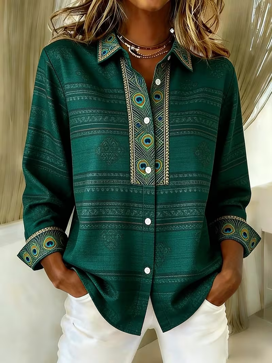 Women's Peacock Feather Print Boho Button-Front Long Sleeve Shirt