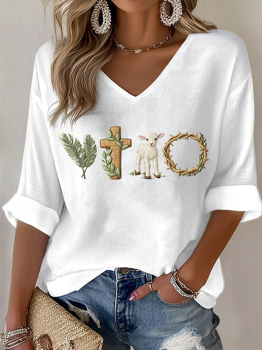 Women's True Easter Lamb Crown of Thorn Cross Palm Print T-Shirt