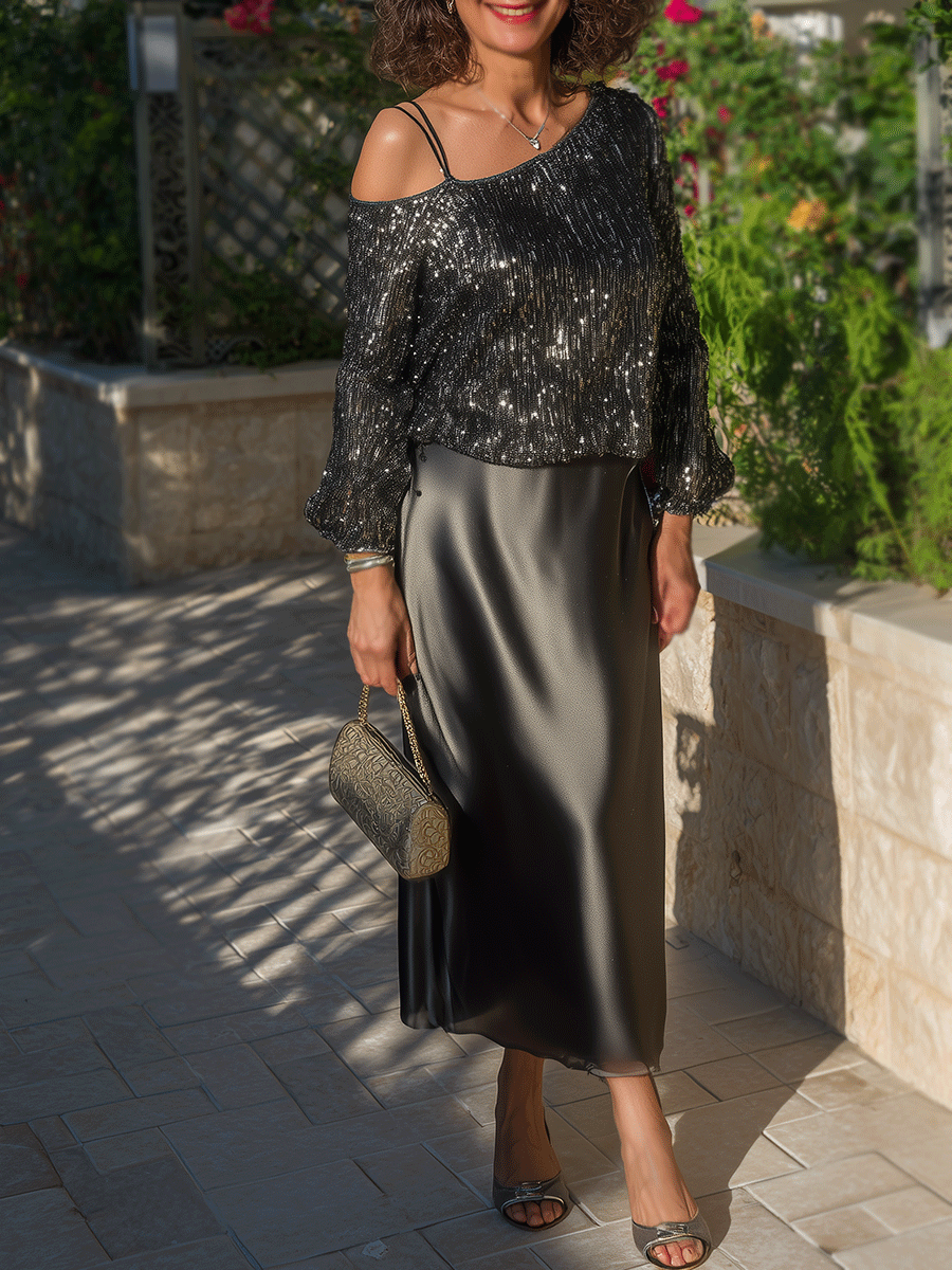 Elegant Sequin Off-Shoulder Top & Satin Midi Dress Set