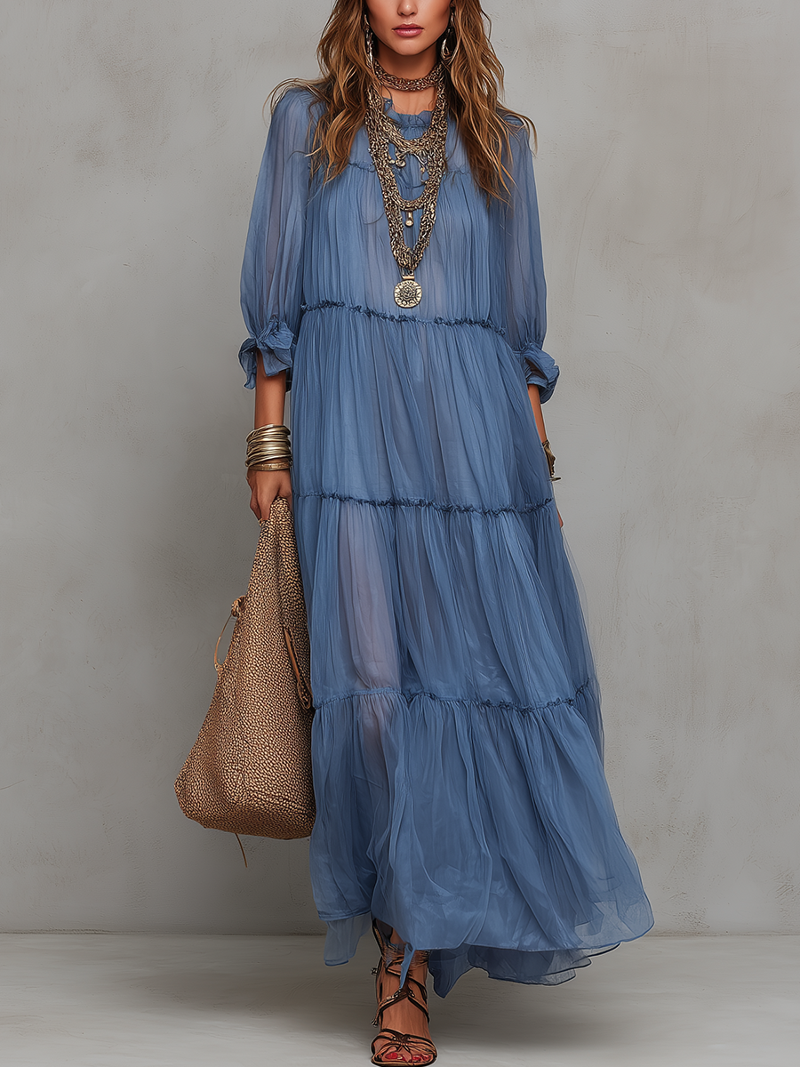 Romantic Tiered Chiffon Boho Maxi Dress