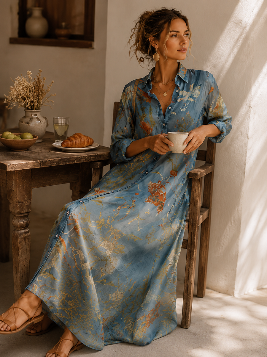 Coastal Bohemian Floral Button Front Shirt Maxi Dress