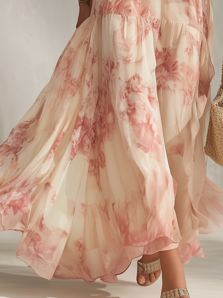 Romantic Floral-Print V-Neck Puff-Sleeve Tiered Maxi Dress