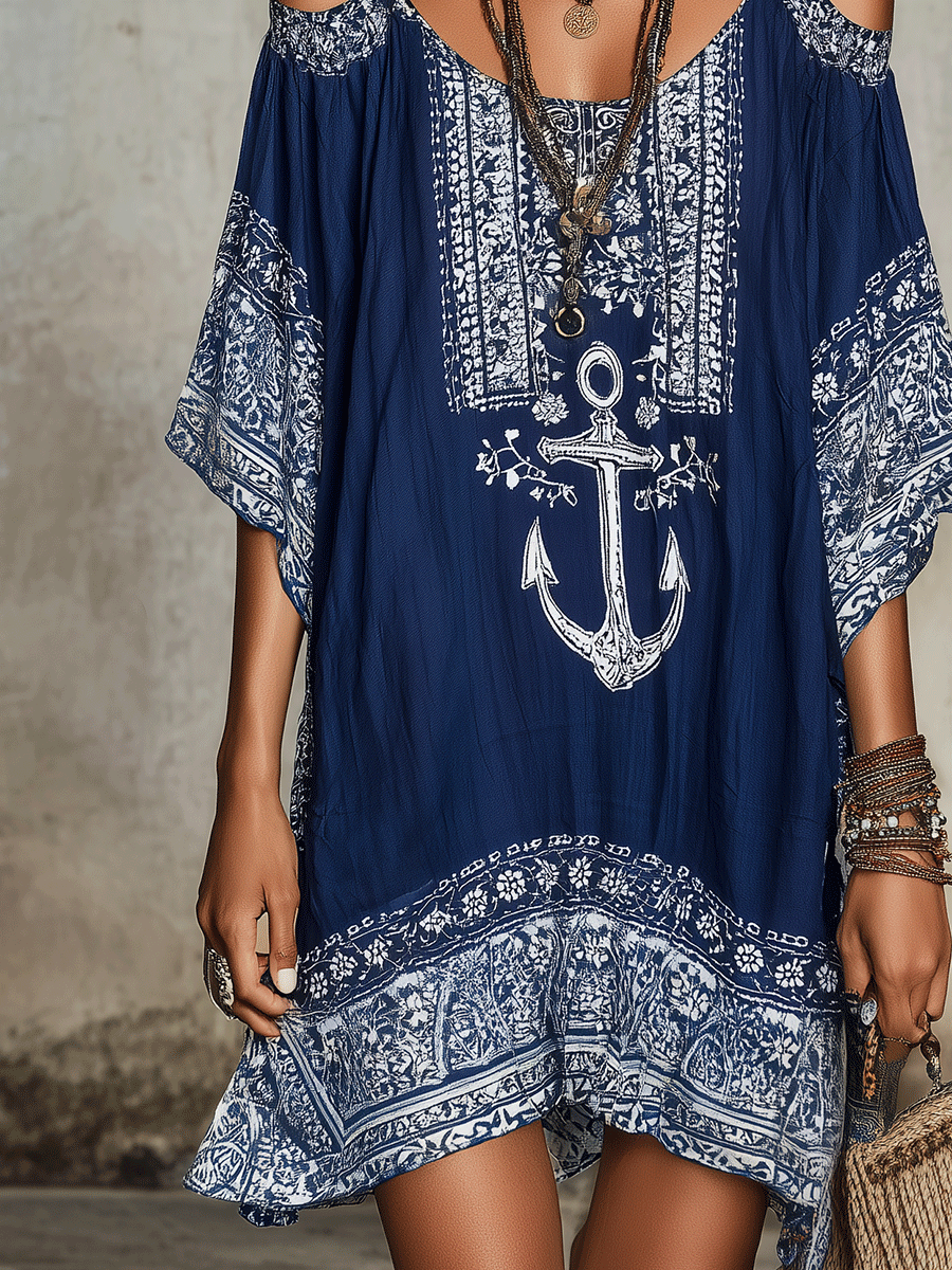Nautical Boho Anchor Print Cold-Shoulder Mini Dress