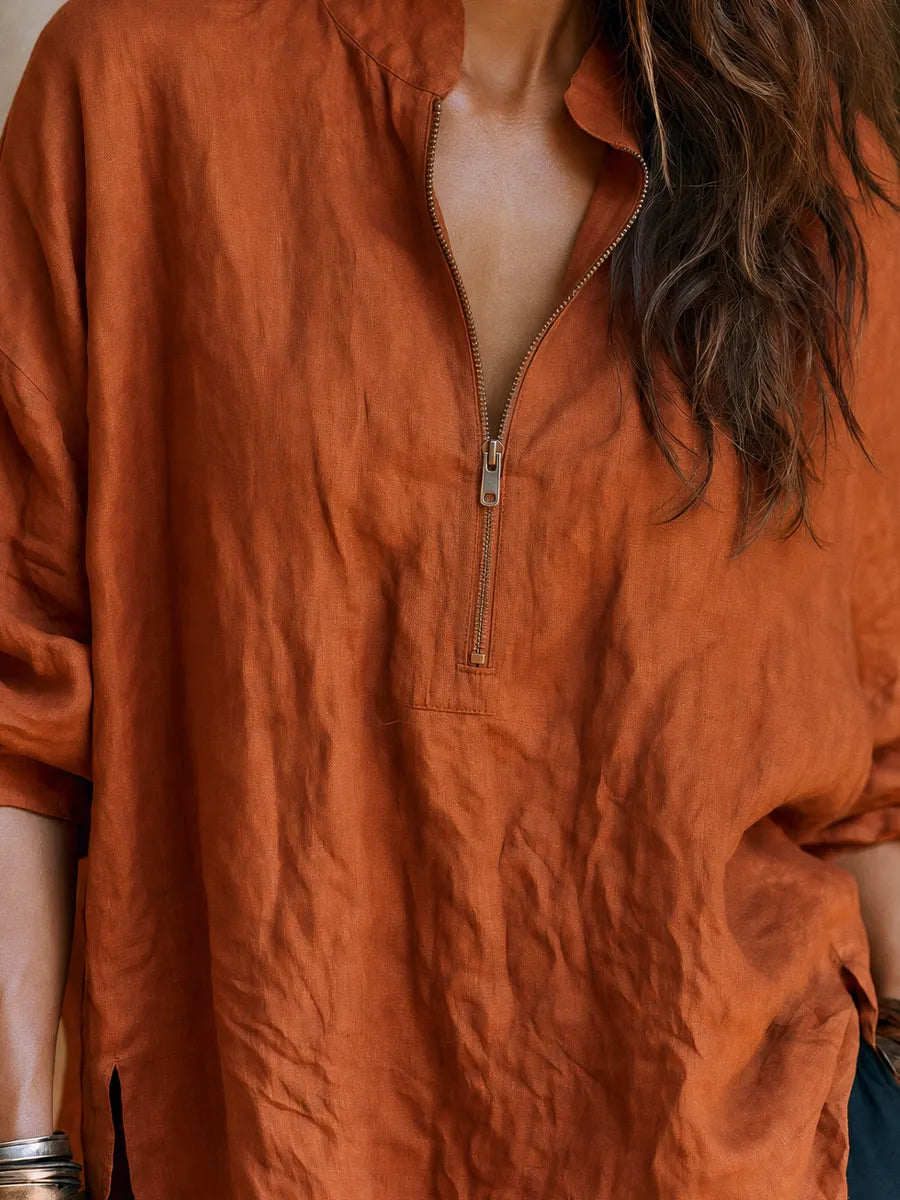 Women Autumn Thick Premium Cotton Linen Oversized Tunic Top Stand Collar Half Zip Long Sleeve Side Split Pocket Loose Fall Casual Blouse