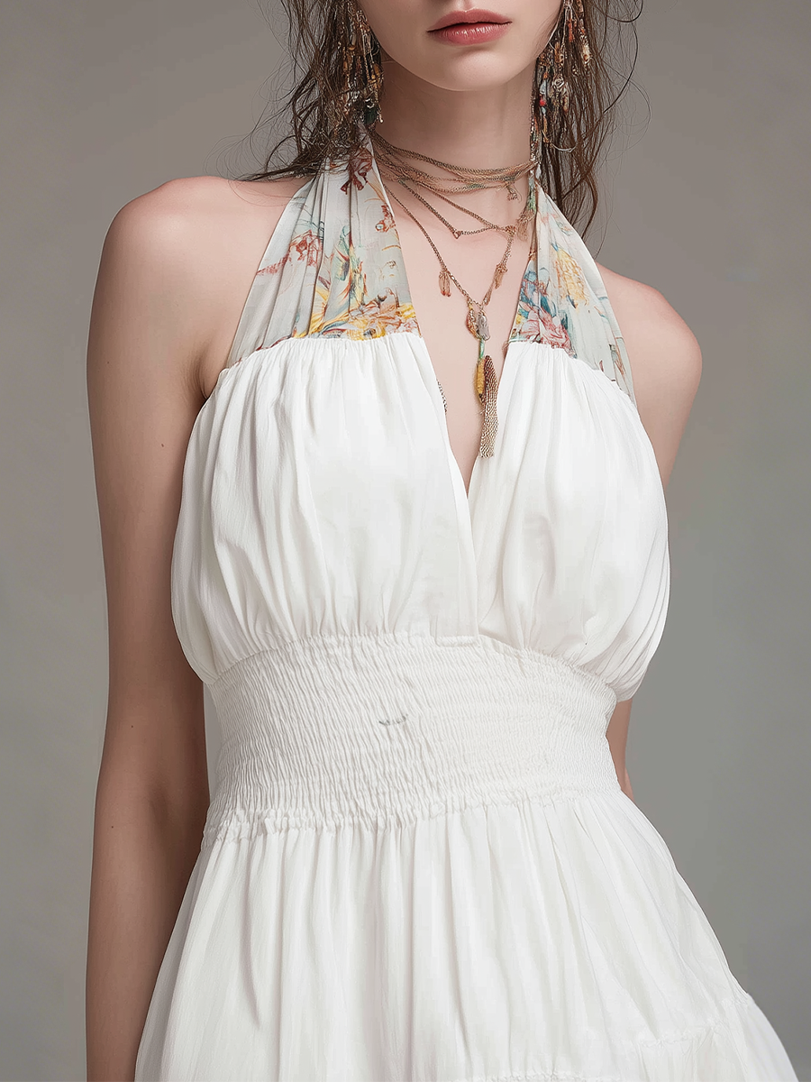 Elegant Printed Panel Halter Maxi Dress