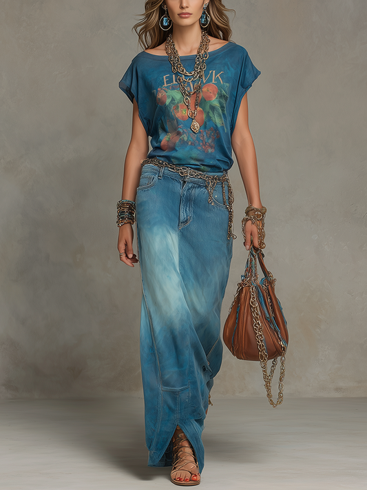 Bohemian Blue Printed T-shirt Paired With A Denim Maxi Skirt