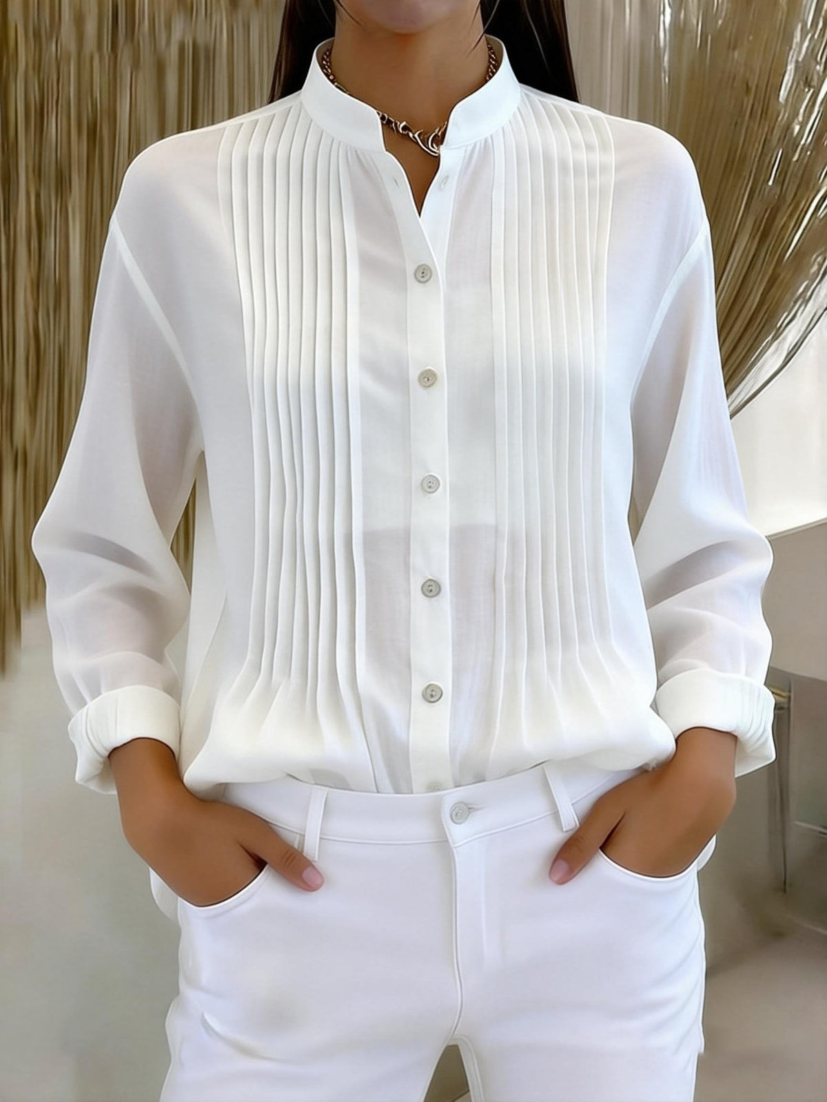 Women's casual retro pleated solid color shirt