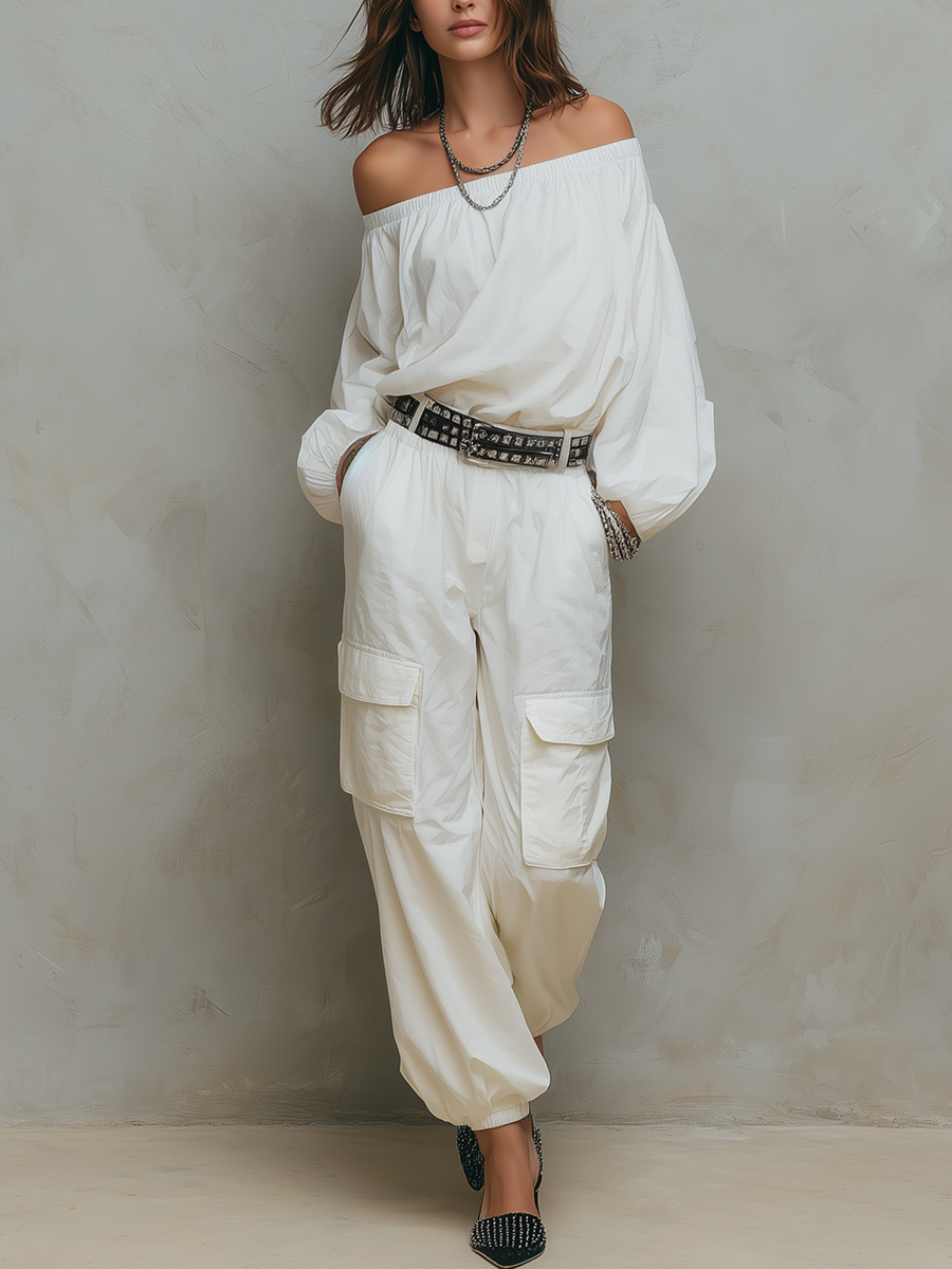 Minimal Off-Shoulder Cargo Pants Set