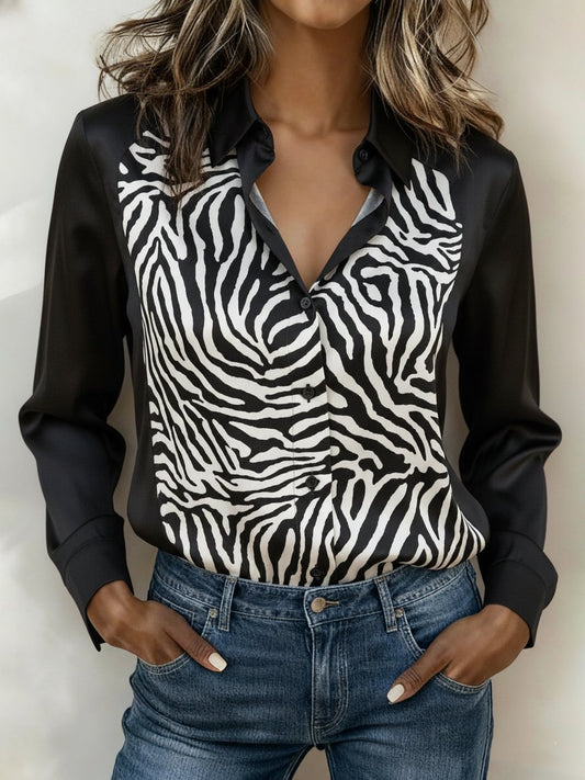 Women'S Casual V-Neck Zebra Print Faux Silk Shirt