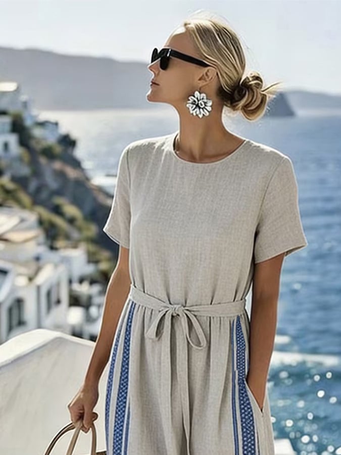 Women'S Casual Round-Neck Color-Block Printed Vacation Dress