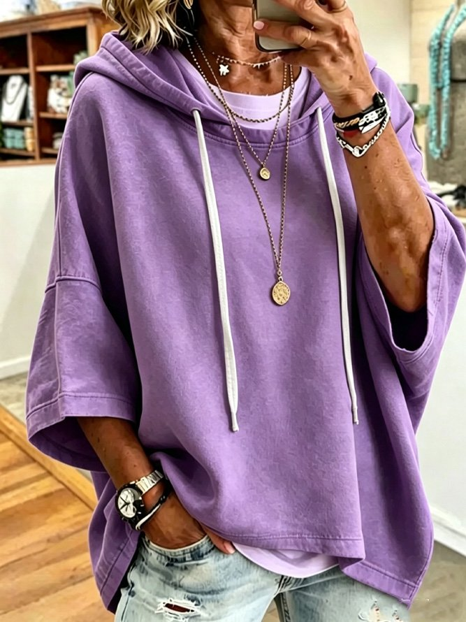 Women's Solid Oversized Hoodie Short Sleeve Sweatshirt