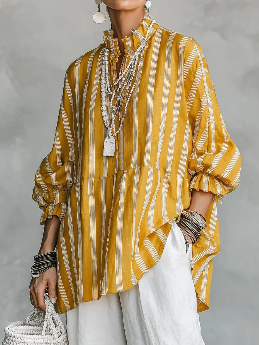 Women's Vintage Casual Linen Blend Vertical Stripes Mandarin Collar, and Lantern Sleeves Loose Blouse