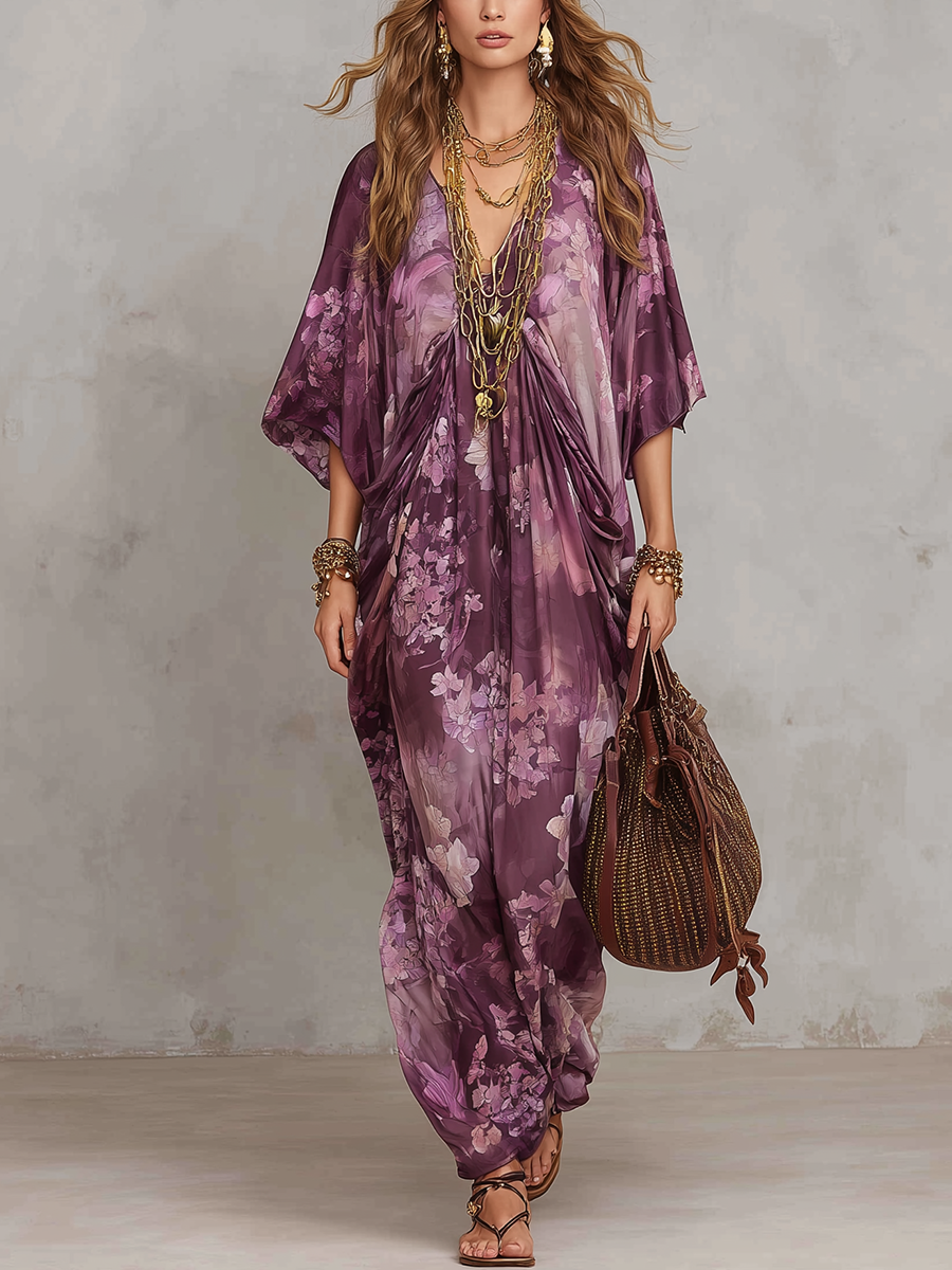 Vintage Purple Floral Bohemian Maxi Dress