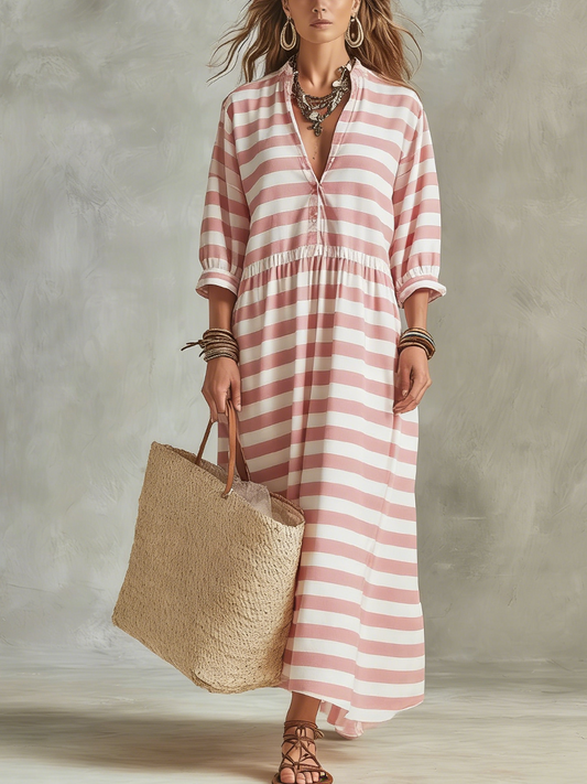 Pale Pink Striped Bohemian Style Maxi Dress