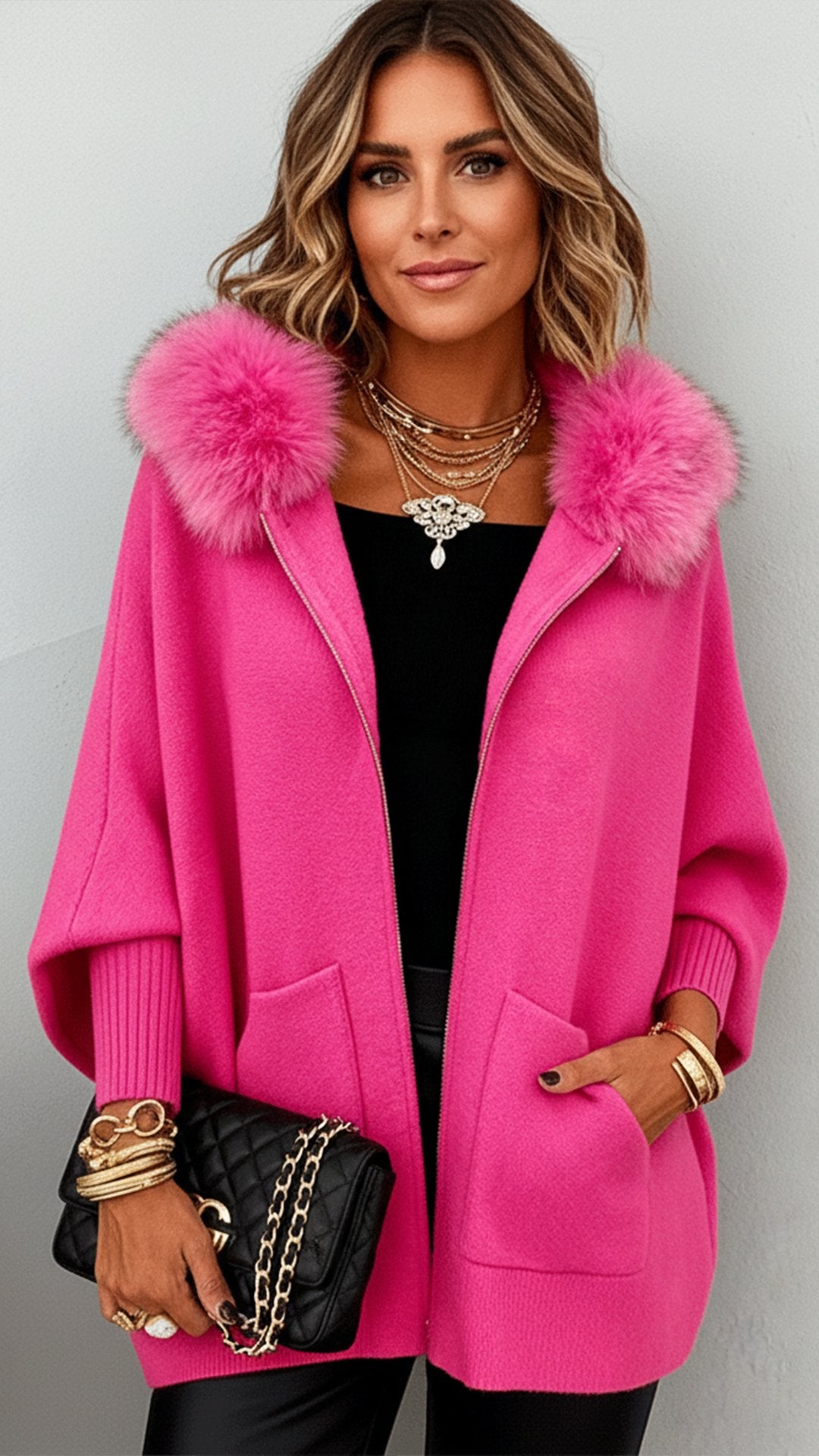 Women'S Casual Loose Hooded Fur Collar Cardigan Jacket