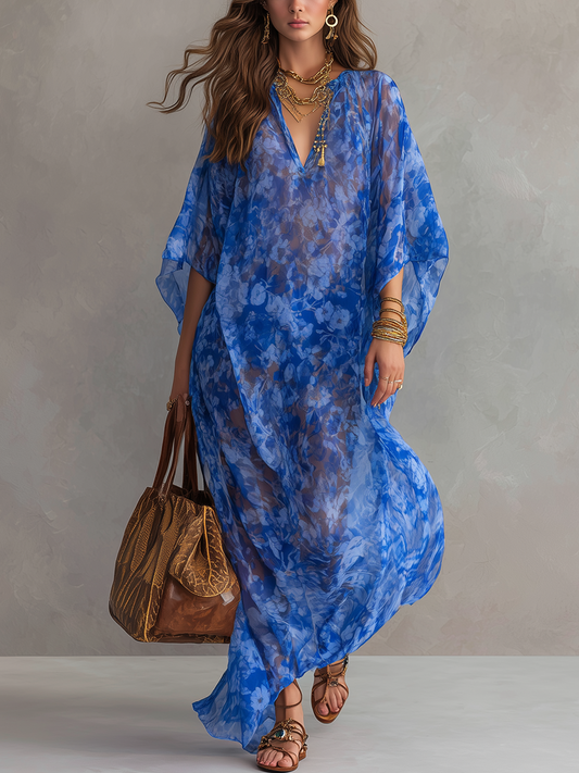 Lightweight Bohemian Blue Floral Print Maxi Dress