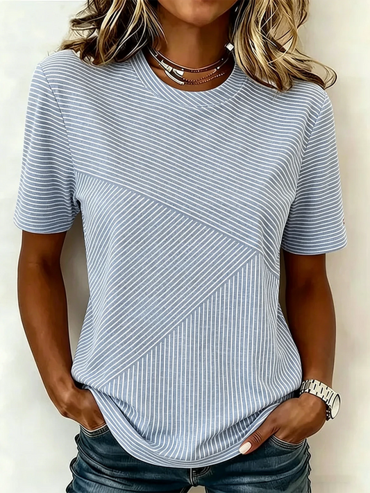 Women's Geometric Stripe Patchwork Crew Neck Short Sleeve T-Shirt
