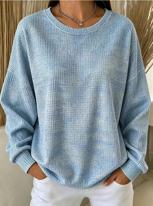 Women's Solid Waffle Knit Crew Neck Long Sleeve Oversized Sweatshirt