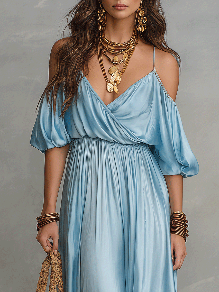 Elegant Off-Shoulder Draped Boho Maxi Dress
