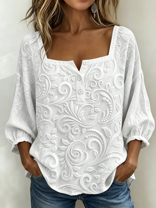 Embossed Scroll Square Neck Puff Sleeve Blouse