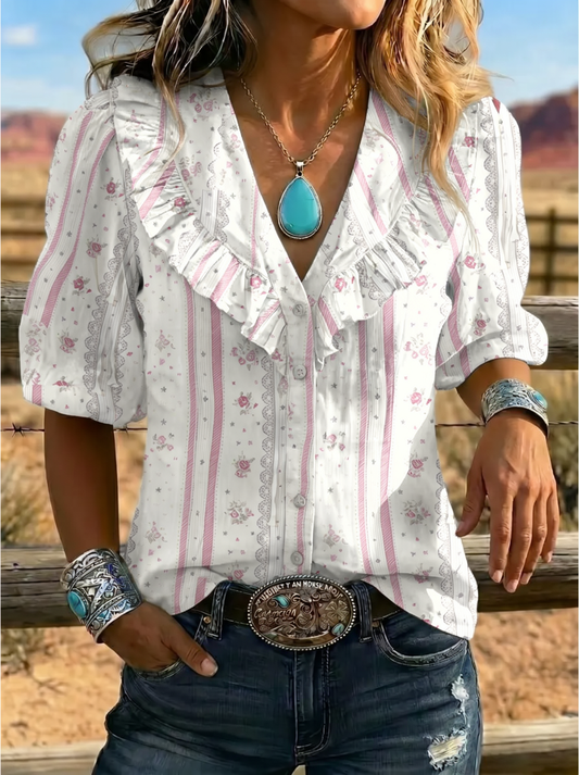 Ruffle V-Neck Floral Stripe Western Blouse