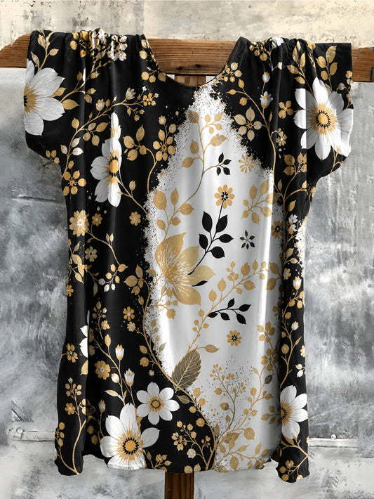 Black White Gold Floral Print Short Sleeve Top