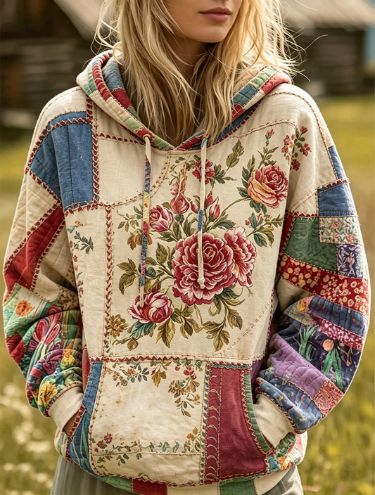 Cream Rose Patchwork Hoodie
