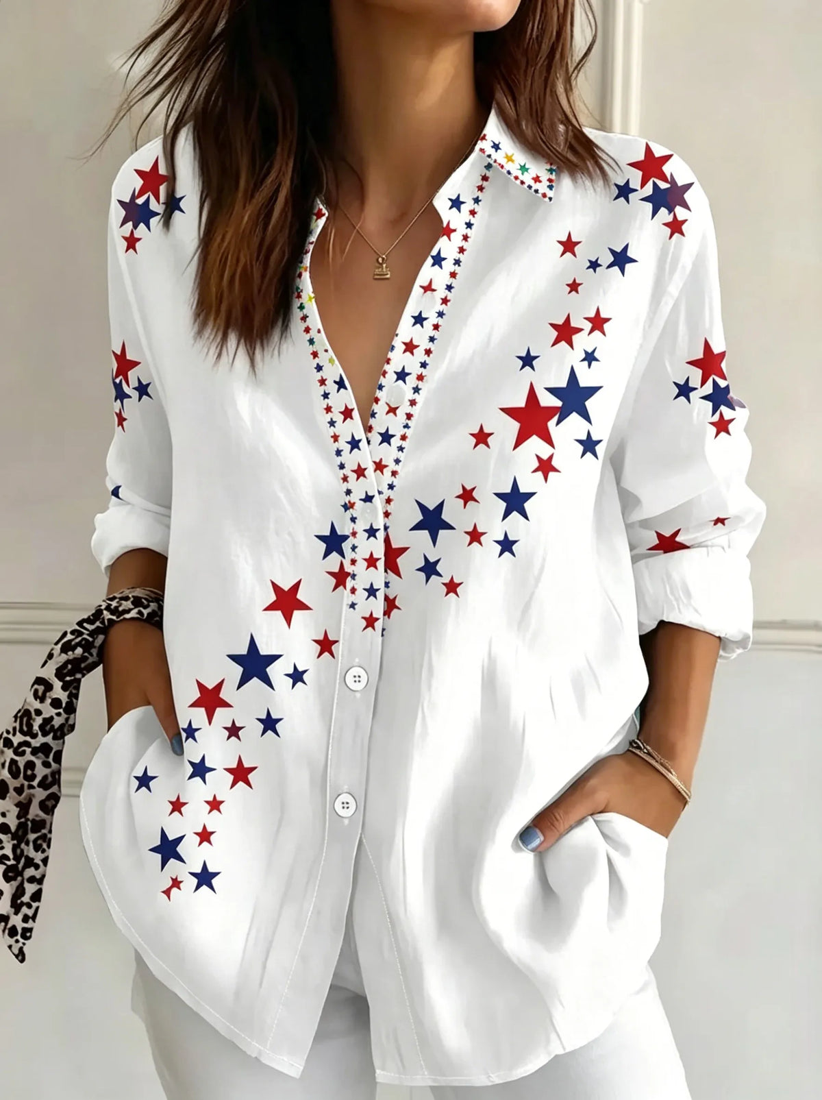 White Red Blue Star Print Colorful Star Placket Collar Loose Long Sleeve Shirt