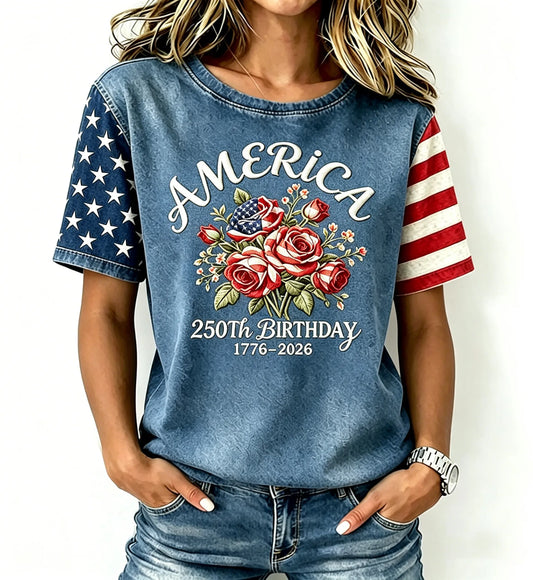 Washed Denim Blue Flag Patch Sleeve Red Rose America 250th Anniversary Short Sleeve Tee