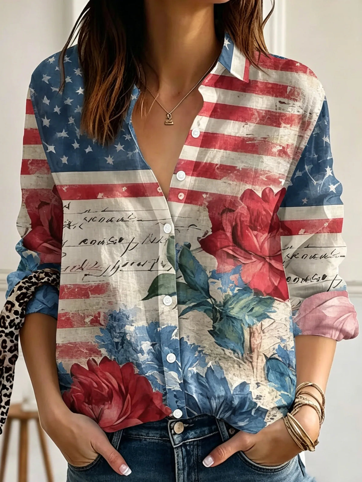 Vintage Distressed American Flag Red Blue Large Floral Retro Handwritten Text Collar Long Sleeve Shirt