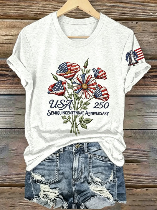 Heather Grey American Flag Poppy Flower Liberty Bell USA 250th Anniversary Crew Neck Short Sleeve T-shirt