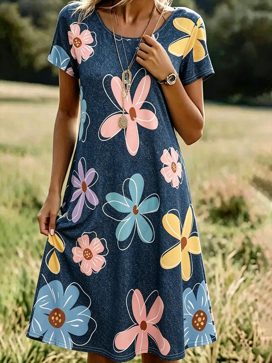 Vintage Faux Denim Print Graphic Dress With No