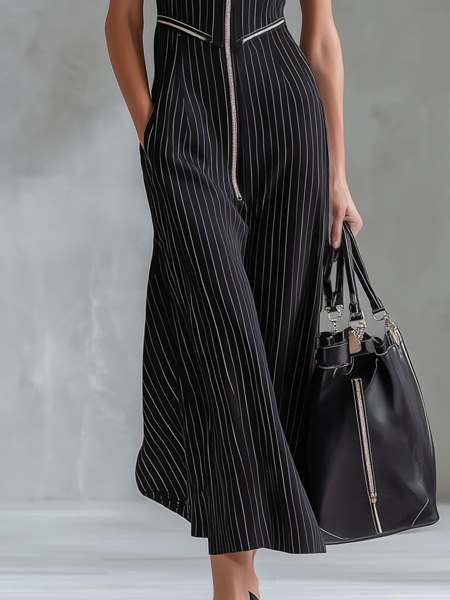 Sleek Black Pinstripe Zip-Front Midi Dress
