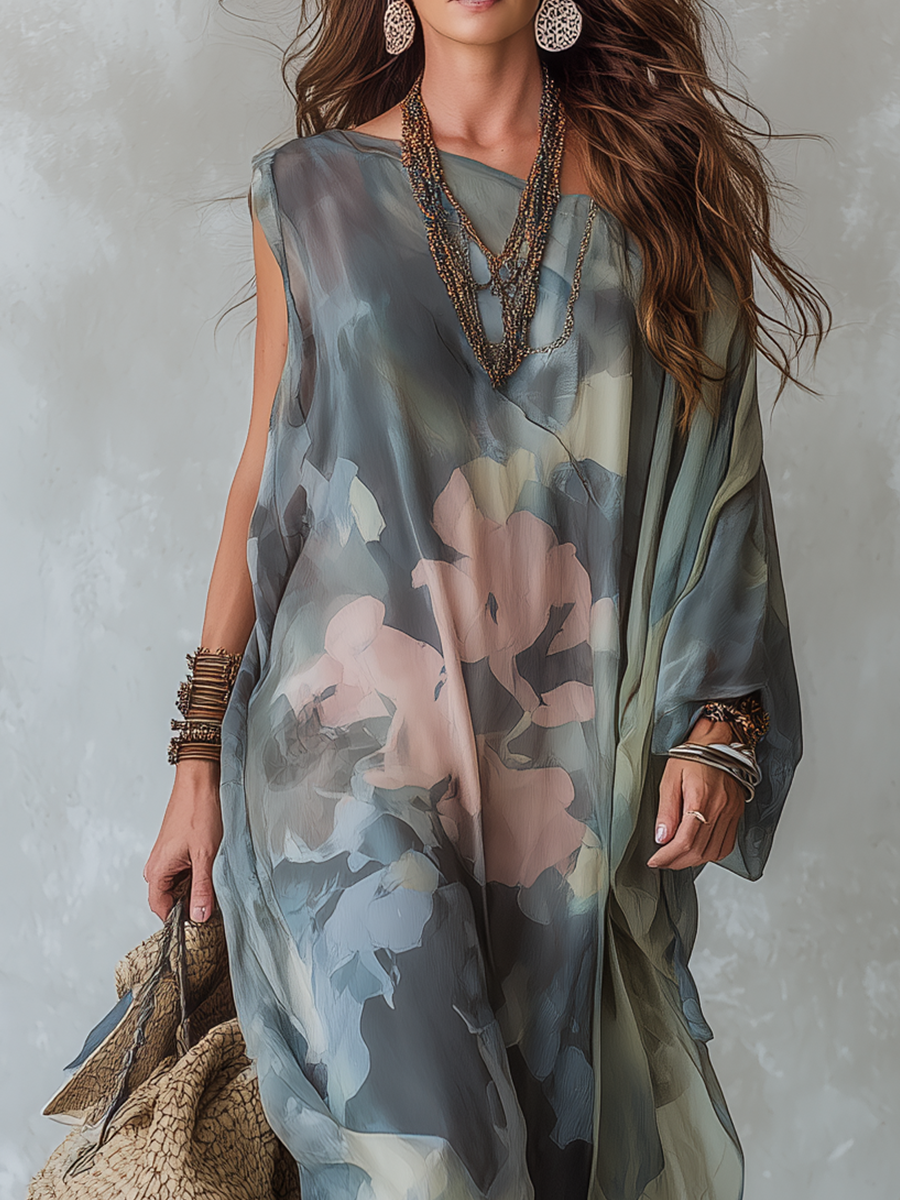 Bohemian Soft Gray Blue Abstract Print Flowing Dress