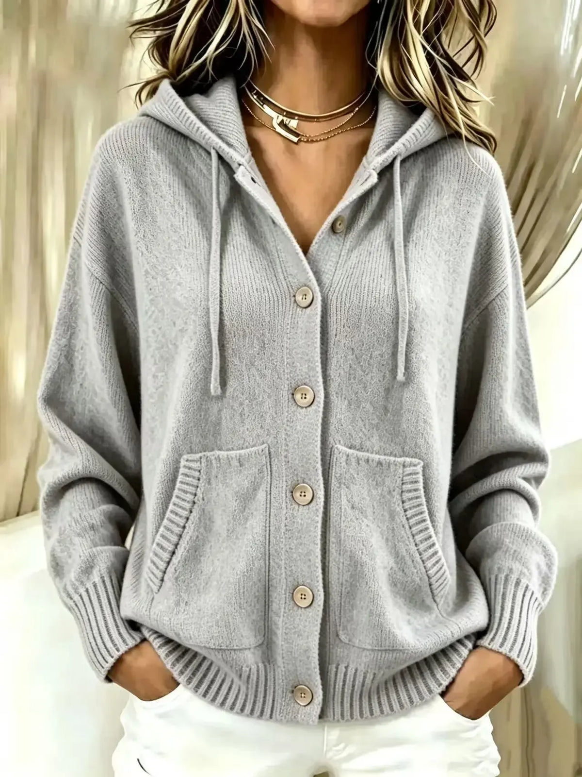 Hooded Button‐Front Knit Cardigan