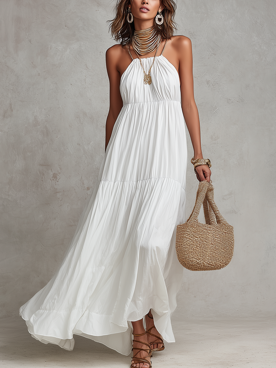 French Resort Style Halter Neck White Maxi Dress